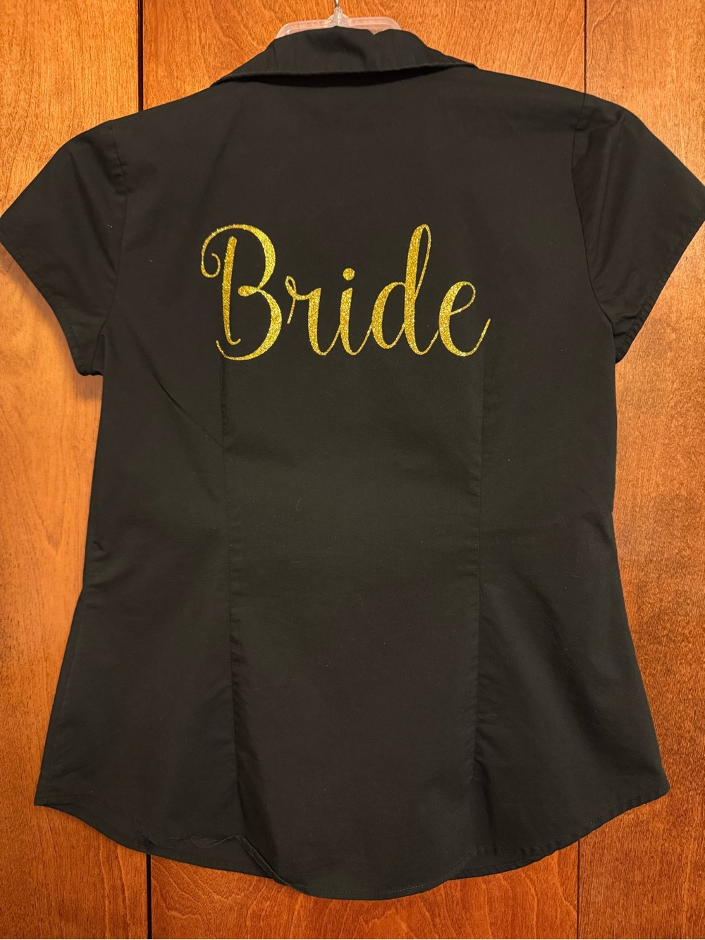Bride Short-Sleeve Black Button Down Shirt with Gold Script